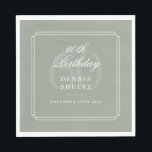 Guardanapo De Papel Deco Clássico | Sage e White 60th Birthday<br><div class="desc">Linhas geométricas elegantes enquadram seu nome personalizado e data especial definida em tipografia clássica neste guardanapo de aniversário de 60 anos. Você pode personalizar o fundo para corresponder à sua cor favorita. Projetado por Thisnotme©</div>
