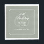 Guardanapo De Papel Deco Clássico | Sage e White 60th Birthday<br><div class="desc">Linhas geométricas elegantes enquadram seu nome personalizado e data especial definida em tipografia clássica neste guardanapo de aniversário de 60 anos. Você pode personalizar o fundo para corresponder à sua cor favorita. Projetado por Thisnotme©</div>