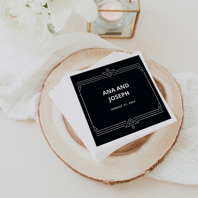Guardanapo De Papel Deco Moderno | Casamento preto e branco Elegante O (Elegant, dark onyx black wedding napkins with art deco style)
