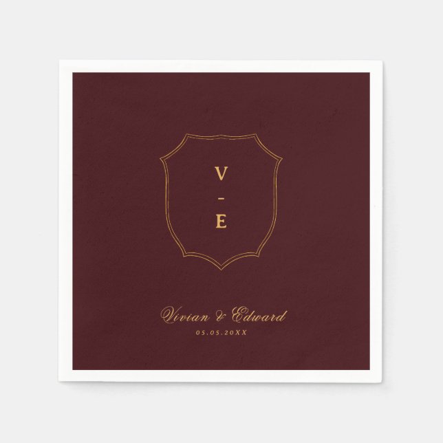 Guardanapo De Papel Deep Burgundy & Gold Crest Monogram Winter Wedding (Frente)