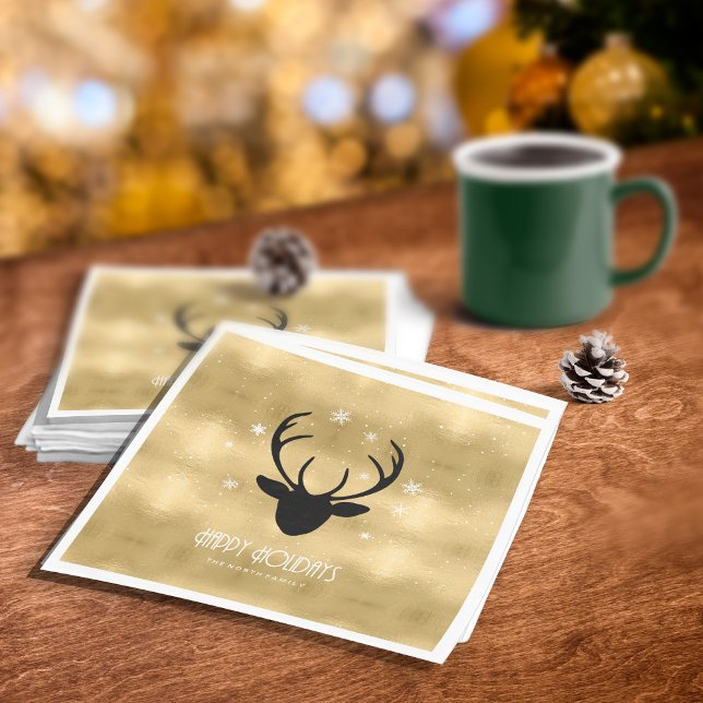Guardanapo De Papel Deer Antlers Silhouette & Snowflakes Dourado ID861 (Criador carregado)