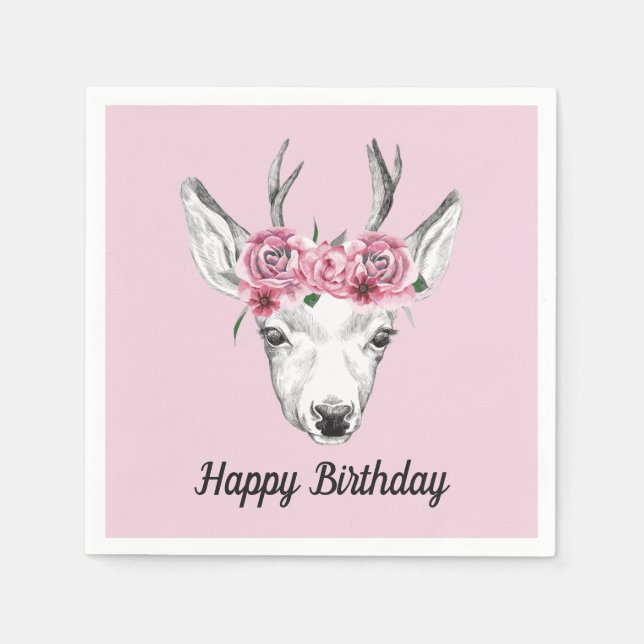 Guardanapo De Papel Deer de Flores de Aquarela | Adicionar seu texto (Frente)
