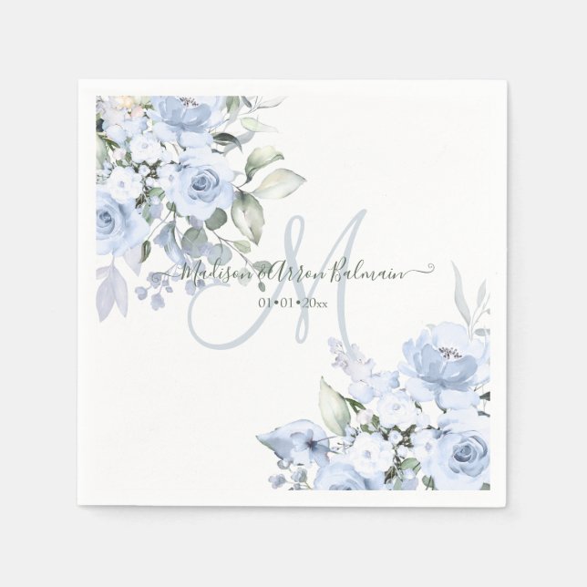 Guardanapo De Papel Delicar Bloom Watercolor Monograma Azul Dusty (Frente)
