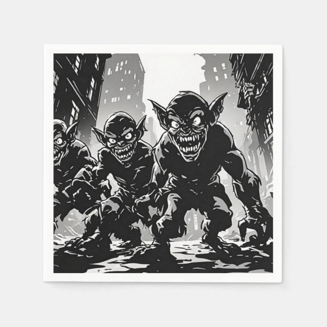 Guardanapo De Papel Demônios Goblin Cidade Abandonada BW Estilo de Qua (Frente)