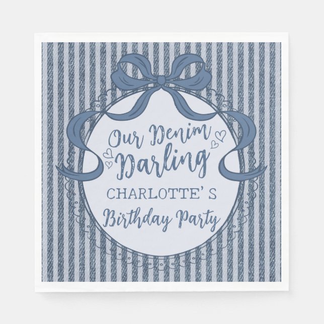 Guardanapo De Papel Denim Coquette Bow Blue Jean Baby Birthday (Frente)