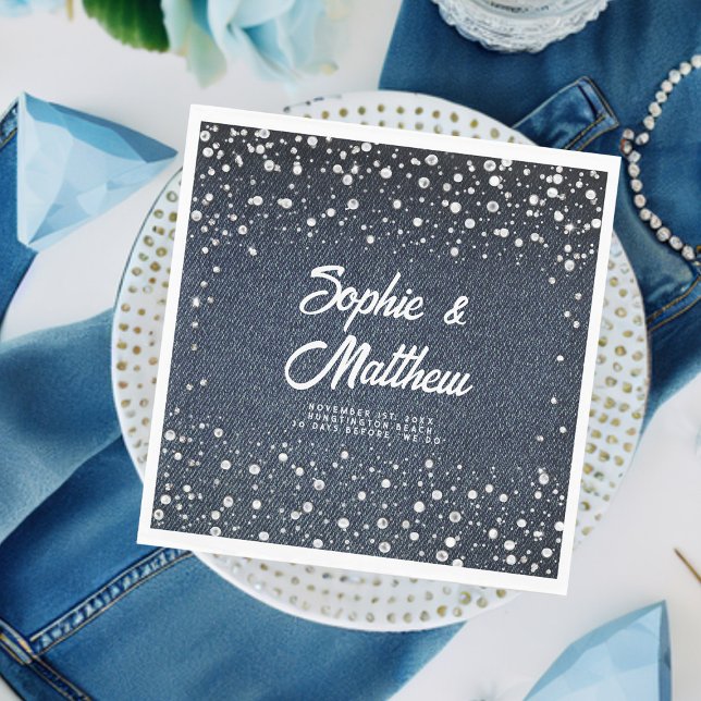 Guardanapo De Papel Denim Diamantes Pérolas Chá de casamento Azul (denim pearls couple wedding shower personalized napkin blue jeans white coed his hers jack jill chic)