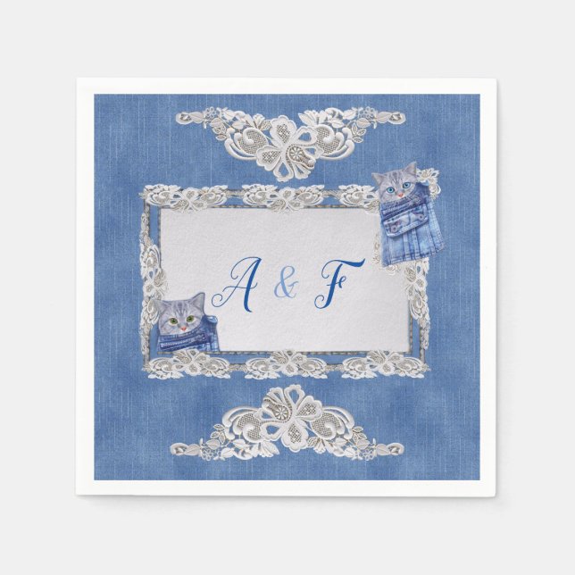 Guardanapo De Papel Denim Jean bolsos, Kittens e Lace (Frente)