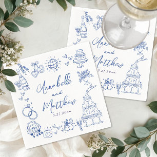 Guardanapo De Papel Desenho à Mão Azul Casamento Caprichoso