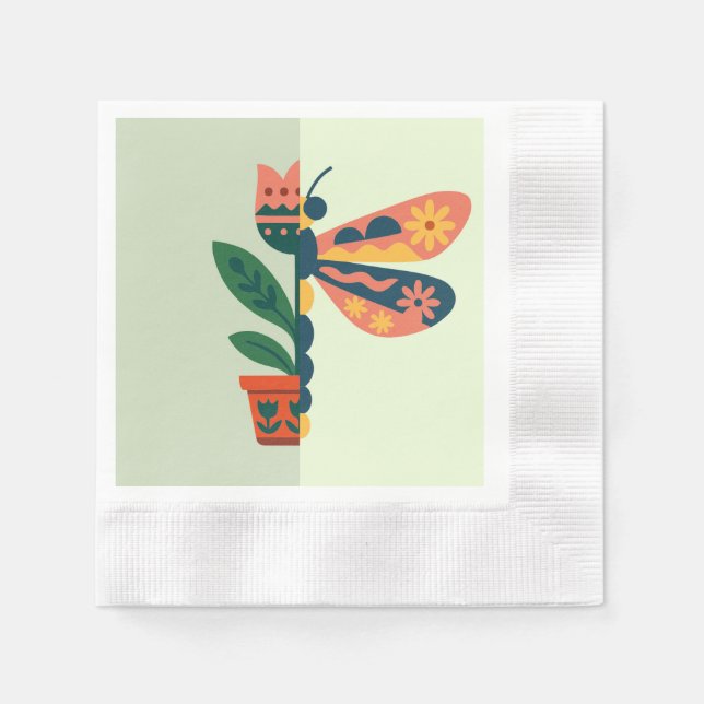 Guardanapo De Papel Desenho caprichoso de libélula floral (Frente)