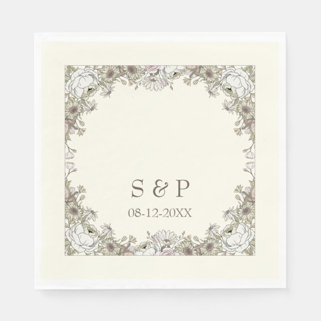 Guardanapo De Papel Desenho de flores marfim casamento romântico (Frente)