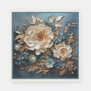 Guardanapo De Papel Desenho floral decorativo dourado e azul-turquesa