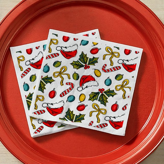 Guardanapo De Papel Desenhos Ilustrados de Natal Desenhados Coloridos (Colorful Hand Drawn Christmas Illustrated Sketches Holiday Party Napkins)