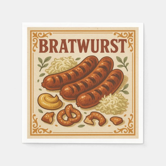 Guardanapo De Papel Design Quadrado (Bratwurst, Estilo Retrô) para EUA (Frente)