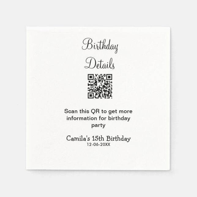 Guardanapo De Papel Detalhes da festa de aniversário de verificação QR (Frente)