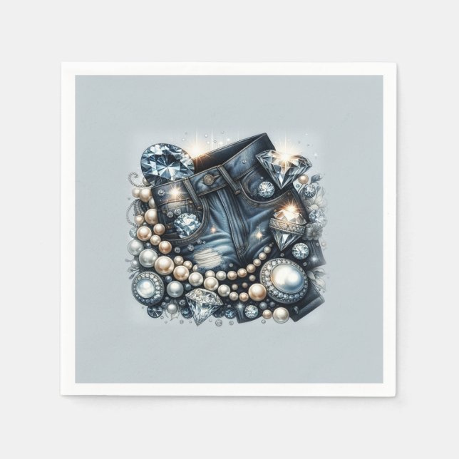 Guardanapo De Papel Diamantes de Ganga e Pérolas Jeans Brilho Festa (Frente)