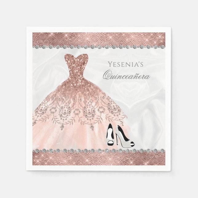 Guardanapo De Papel Diamond Sparkle rosa Dourado Glam Quinceanera (Frente)