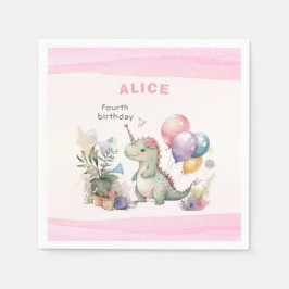 Guardanapo De Papel Dino Party Watercolor Girl Pink Birday