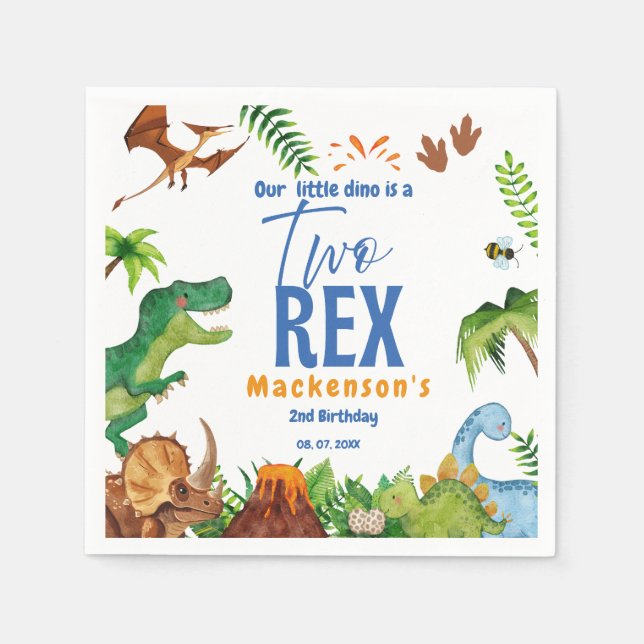 Guardanapo De Papel Dino Two rex 2nd boy Dinosaur birthday party (Frente)