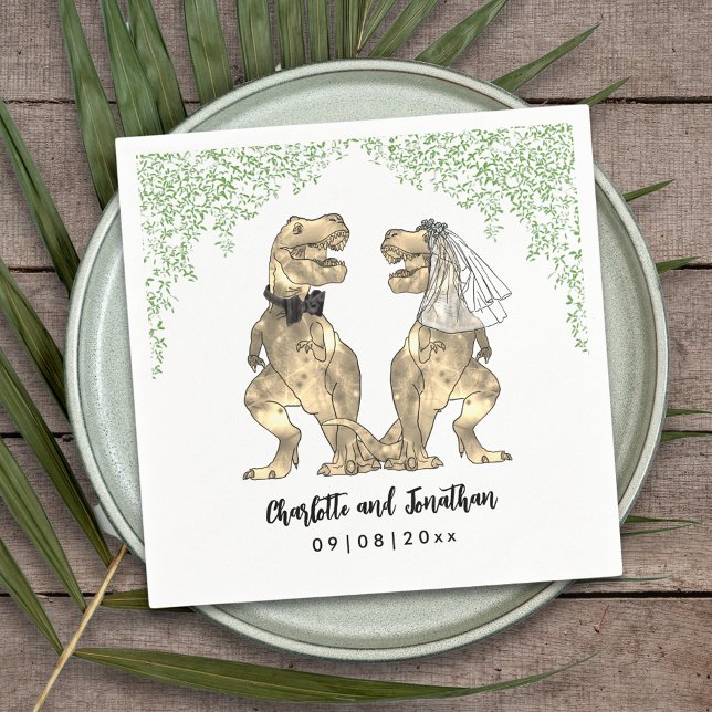 Guardanapo De Papel Dinossaur Themed Wedding T-Rex Bride and Groom (Dinosaur themed wedding with fun T-Rex bride and groom with  Jurassic jungle foliage custom napkin)