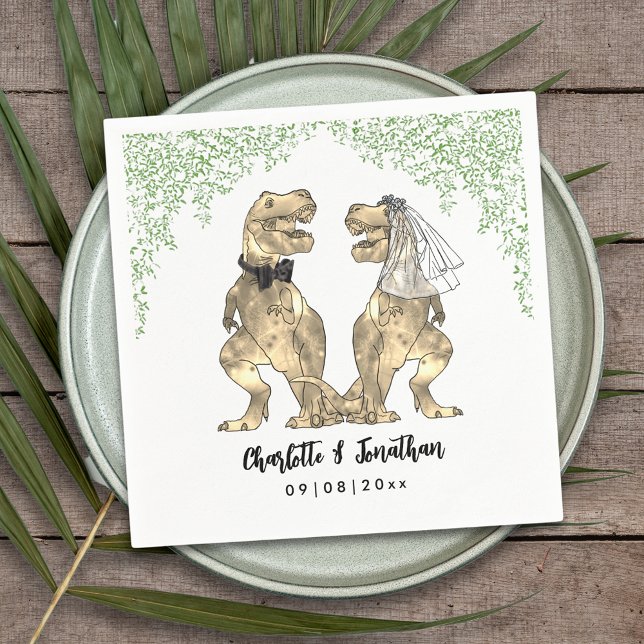 Guardanapo De Papel Dinossauro Pareceu Personalizado De Casamento (Dinosaur themed wedding with fun T-Rex bride and groom with  Jurassic jungle foliage custom napkin)