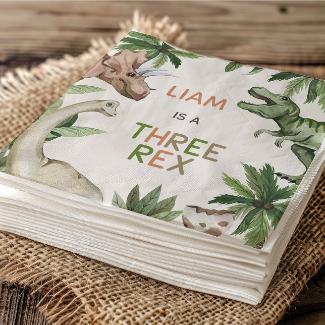 Guardanapo De Papel Dinossauro Verde Russo Três aniversário de 3 anos  (Three Rex Birthday Party Paper Napkin, Boys Dinosaur 3rd Birthday Paper Napkin, Dino 3rd Birthday)