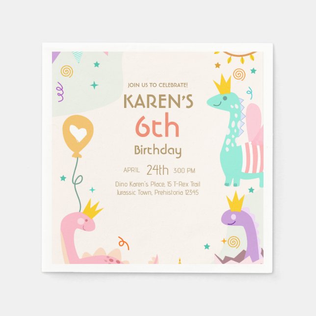Guardanapo De Papel Dinossauro Whimsical Princesa Birthday (Frente)