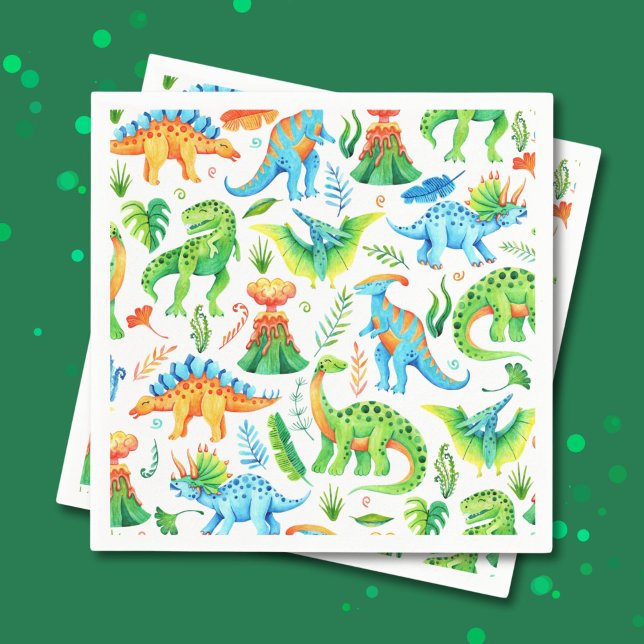Guardanapo De Papel Dinossauros T rex, Stegossauro, Brontosaurus Boys (Watercolor Dinosaurs Green, Orange, Blue Napkins)