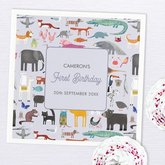 Guardanapo De Papel Diversão personalizada do primeiro primeiro aniver (Fun animal themed personalized custom text first 1st birthday party paper napkins)