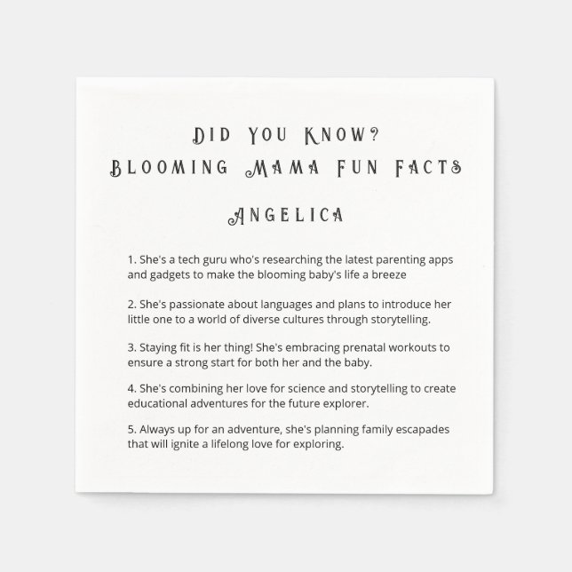 Guardanapo De Papel DIVERSÃO VOCÊ SABIA Fatos da mamãe CHUVA DE BEBÊ (Frente)