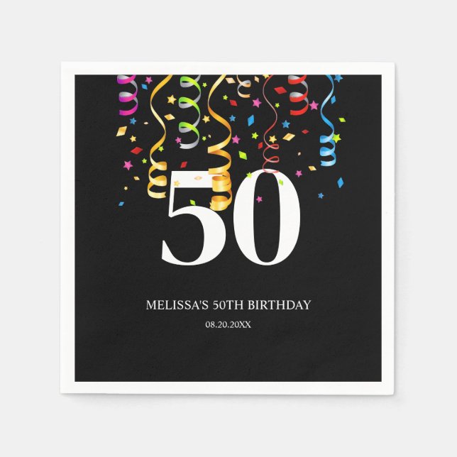 Guardanapo De Papel Divertido Confetti Friso Negro 50 Aniversário (Frente)