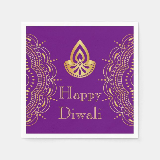Guardanapo De Papel Diwali Paper Napkin em roxo e Dourado Diya (Frente)