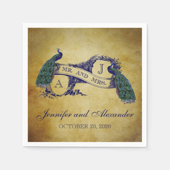 Guardanapo de papel do casamento rústico do pavão (Frente)
