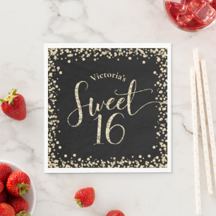 Guardanapo De Papel Doce 16 Glitter Dourado Negro Confetti Aniversár