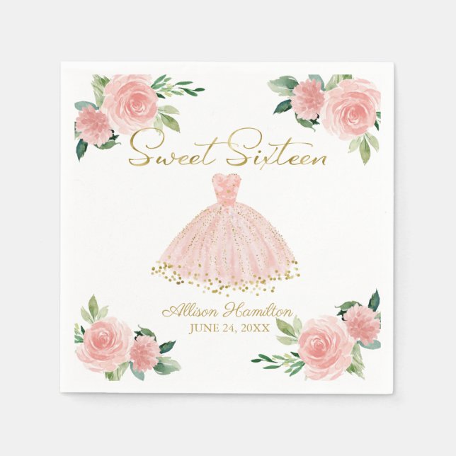 Guardanapo De Papel Doce 16 Napkins Blush Gown Floral Rosa Rosa (Frente)