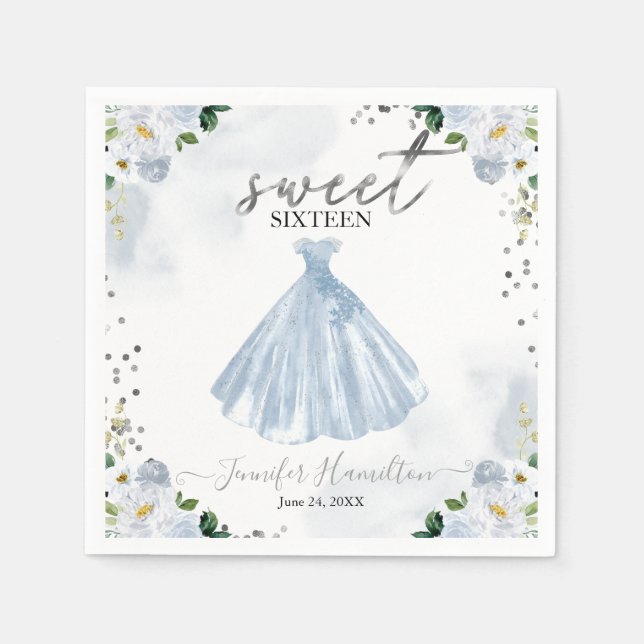 Guardanapo De Papel Doce 16 Vestido Floral Azul Napkins (Frente)