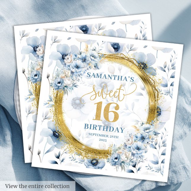 Guardanapo De Papel Doce Azul Personalizado 16 Glitter Dourado (Personalized Dusty Blue Sweet Sixteen Gold Glitter Napkins)