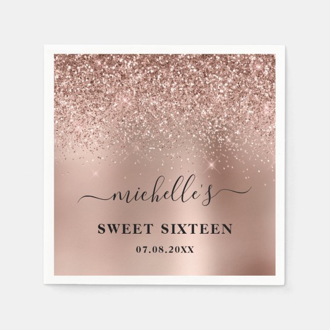 Guardanapo De Papel Doce Dezesseis Rosa Dourados Glitter Sparkle Name (Frente)