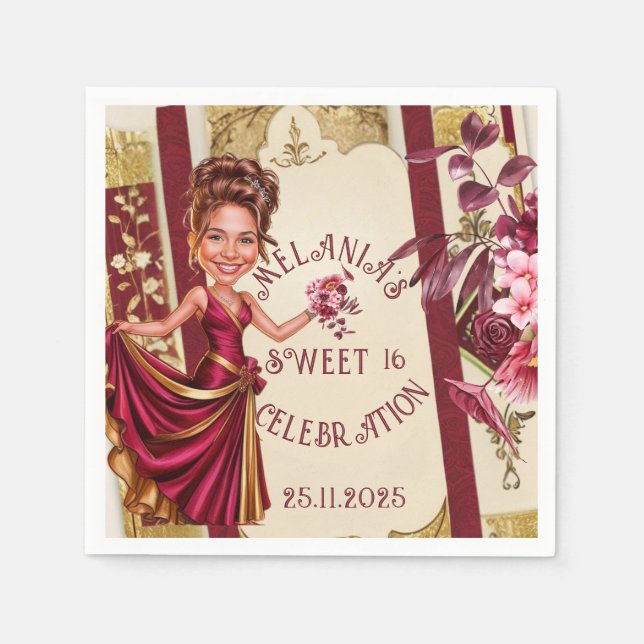 Guardanapo De Papel Doces personalizados 16 ouro e caricatura vermelha (Frente)