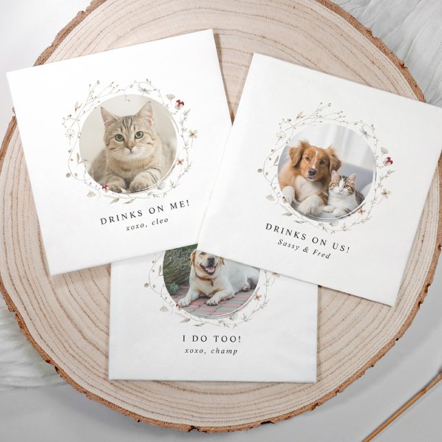 Guardanapo De Papel Dog Napkins Drinks on Us Elegant Wedding (Cute elegant wedding napkins with pet photo and watercolor wildflower design, “drinks on us” text.)