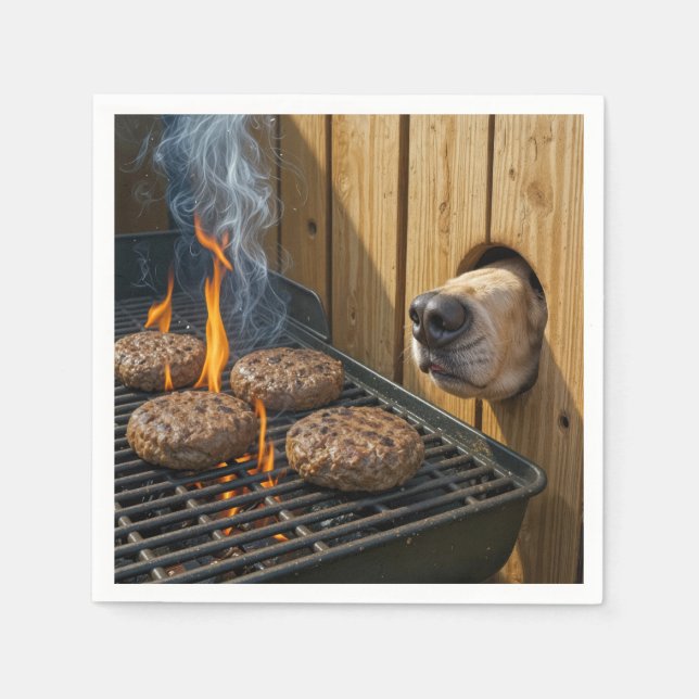 Guardanapo De Papel Dog Sniffing Hamburgers On a Barbecue Grill (Frente)