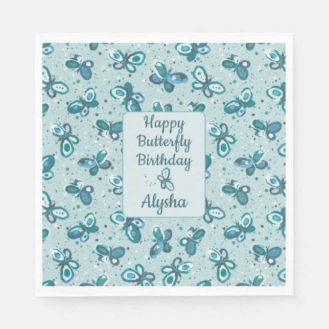 Guardanapo De Papel Doodle Bugs Butterflies - turquoise - birthday. (Frente)