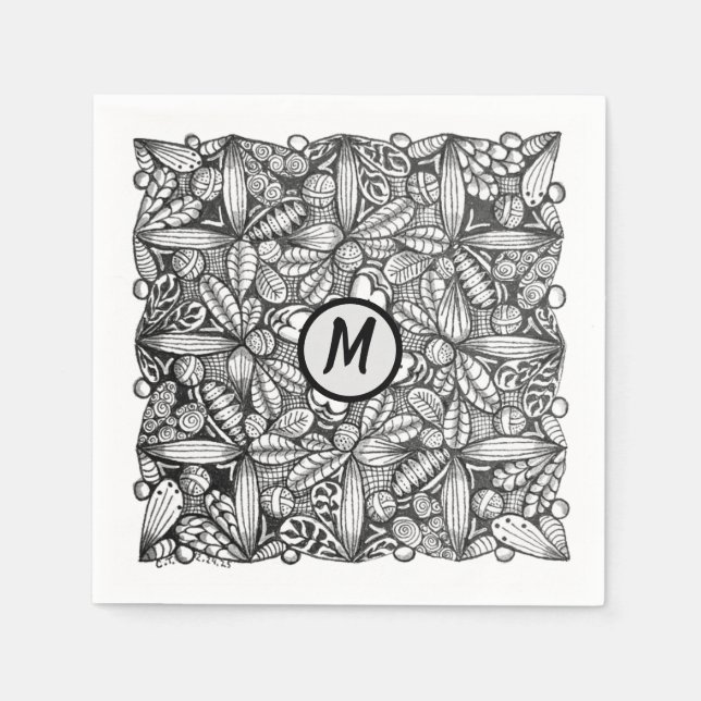 Guardanapo De Papel Doodle Desenhado à Mão Preto e Branco com Monogram (Frente)