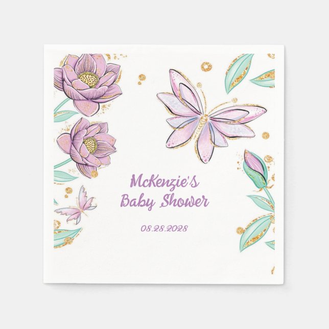 Guardanapo De Papel Dourada borboleta brilhante e Chá de fraldas de fl (Frente)