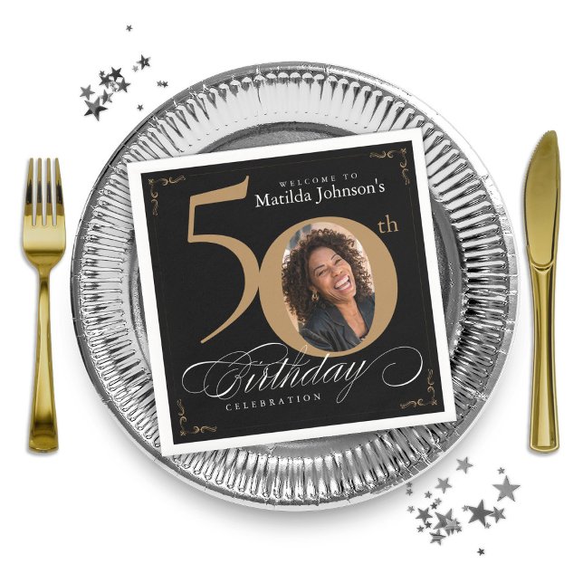 Guardanapo De Papel Dourada Festa de aniversário Personalizada de Foto (50th Birthday Gold Black Calligraphy Custom Photo Napkins)