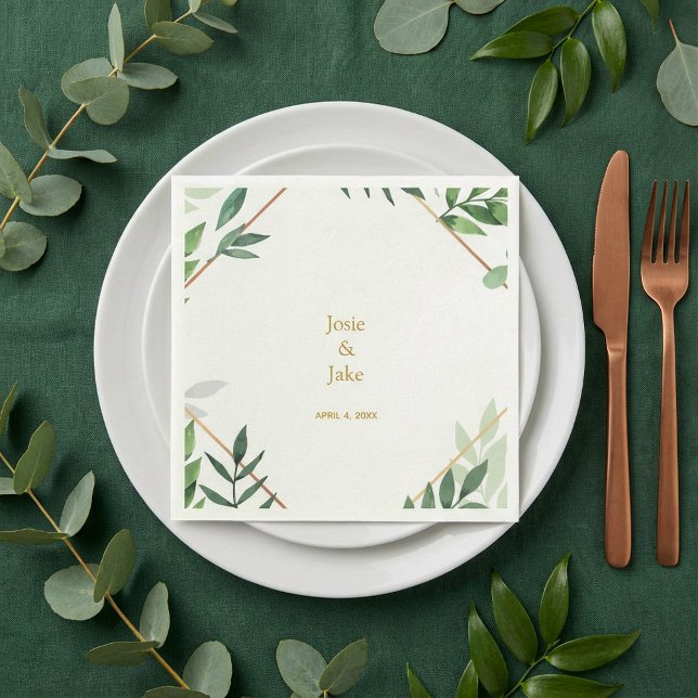 Guardanapo De Papel Dourada fronteira, folhas verdes Nomes de casament (Gold border, green leaves Wedding names, reception Napkins.)