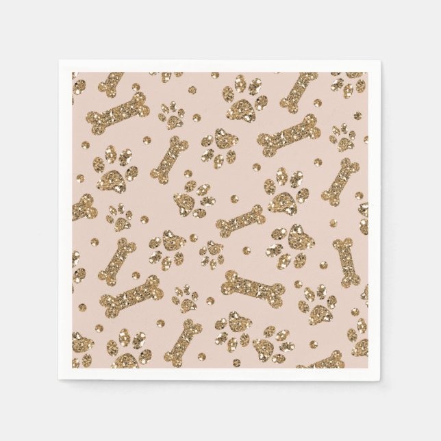 Guardanapo De Papel Dourada Glitter Beige Blush Pet Paw Puppy Cão (Frente)