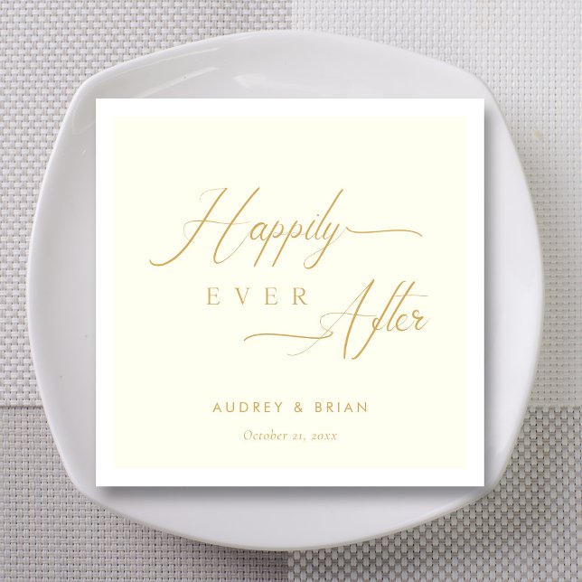 Guardanapo De Papel Dourada Personalizada Feliz Depois Do Casamento De (Personalized Gold Happily Ever After Ivory Wedding Napkins)
