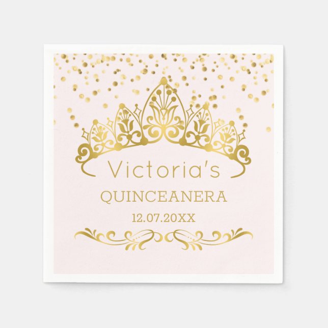 Guardanapo De Papel Dourada tiara, confete bolinhas Quinceanera (Frente)