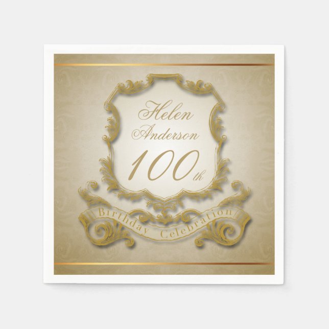 Guardanapo De Papel Dourado 100.º Aniversário de Celebração Napkins (Frente)