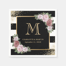Guardanapo De Papel Dourado branco preto Monograma Floral Casamento Na